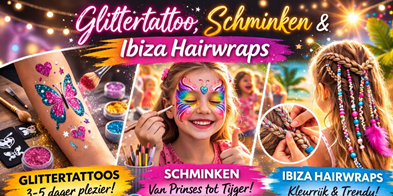 Kinderen met glittertattoo, schmink en Ibiza hairwrap op feest