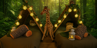 Kinderen slapen in jungle-tipi tentjes met bladeren, dierenprint en sfeerverlichting
