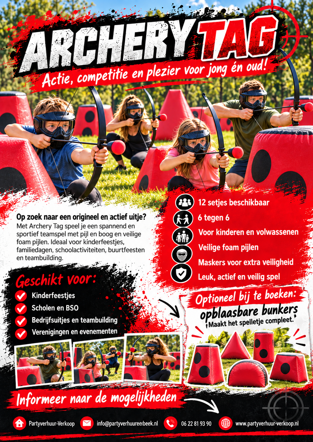 Archery Tag op locatie met begeleiding, doelen en opblaasbare obstakels