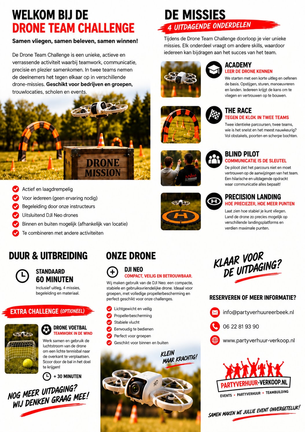 Drone Team Challenge met DJI Neo drones, parcours en begeleiding op locatie