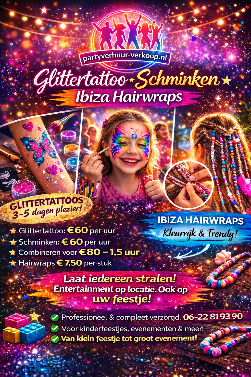 Glittertattoo, Schminken en Ibiza Hairwraps - Partyverhuur-Verkoop