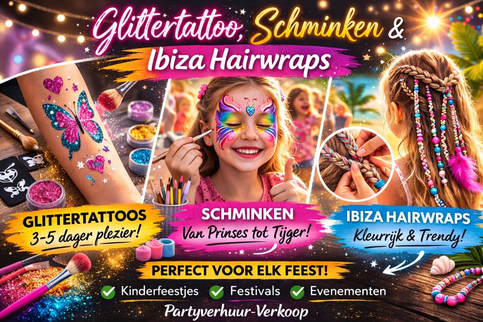Glittertattoo, Schminken en Ibiza Hairwraps - Partyverhuur-Verkoop