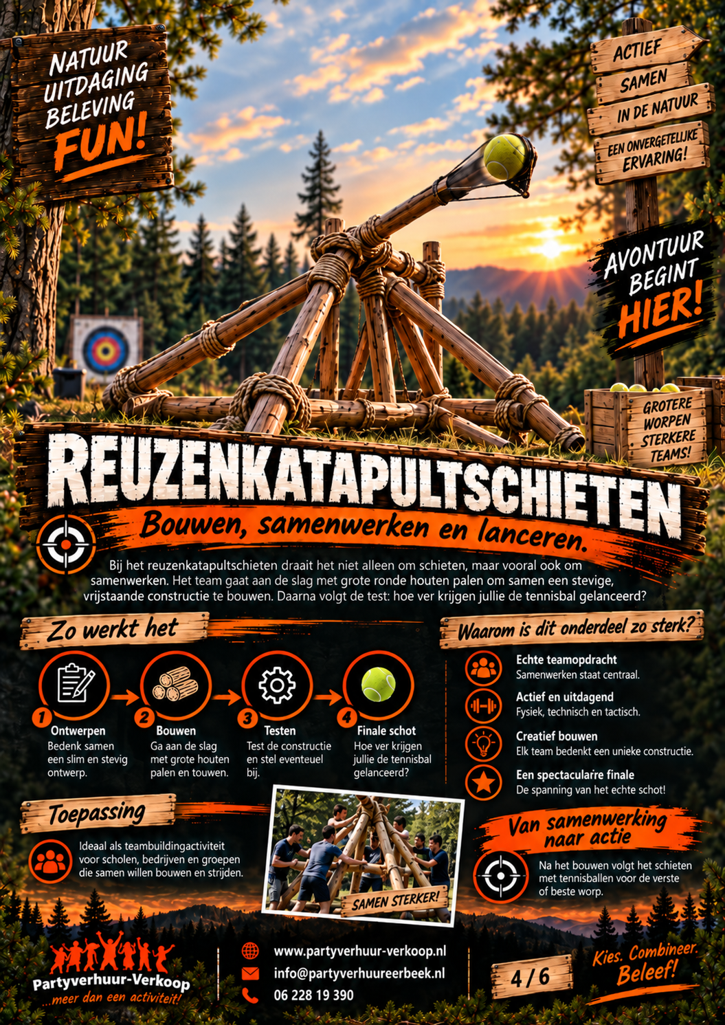 Reuzenkatapult bouwen en tennisballen schieten tijdens een begeleide teamactiviteit