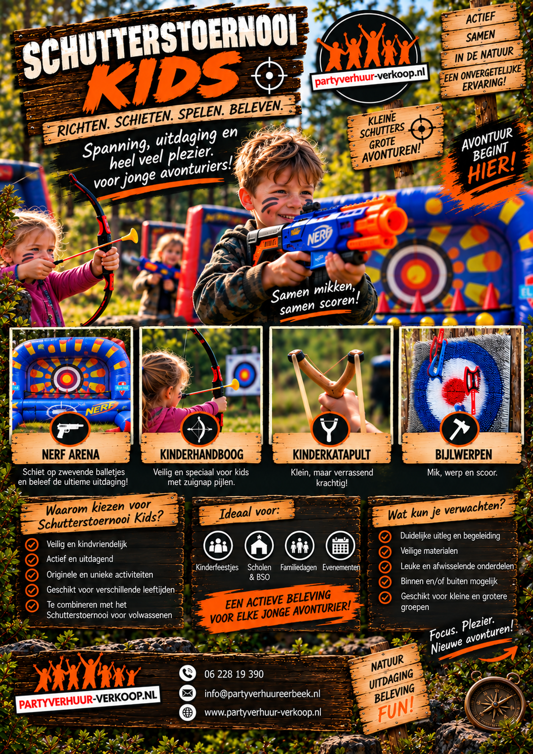 Schutterstoernooi Kids met Nerf Arena, kinderboogschieten, katapult en veilig bijlwerpen