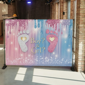 Babyshower achterwand in blauw en roze met ballonnen en propset huren