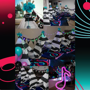 TikTok Tipi Slaapfeestje met neonlichtjes, disco-accenten en vrolijke decoratie