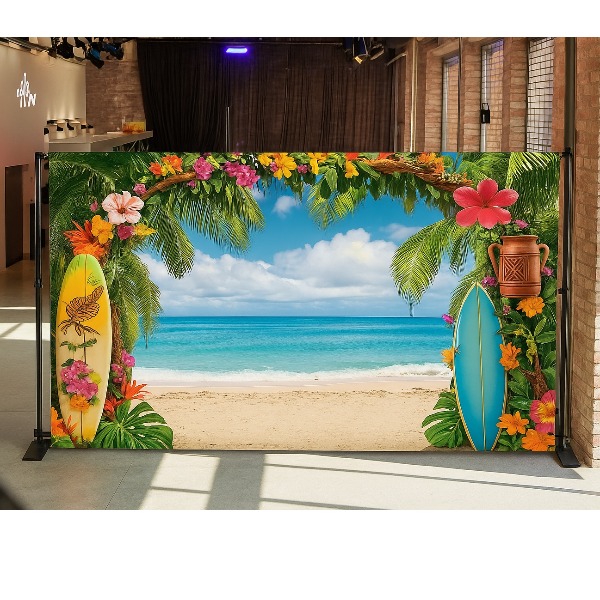 Achterwand Tropisch Zomer Thema & Propset Tropische zomerachtergrond met bloemen, palmbomen en propset huren