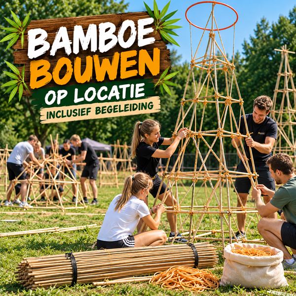 Bamboe Bouwen op locatie met begeleiding Begeleide teambuilding waarbij een groep samen bouwt met bamboestokken