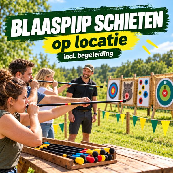 Blaaspijpschieten op locatie Kinderen en volwassenen tijdens begeleid blaaspijpschieten met diverse targets