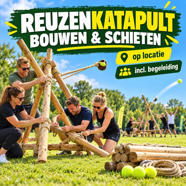 Team bouwt een grote vrijstaande katapult en schiet tennisballen op afstand
